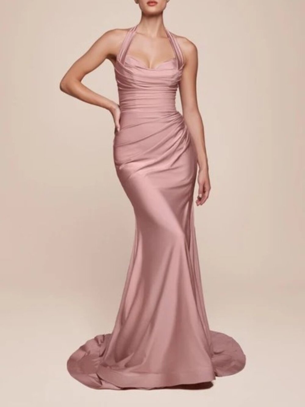 Dusty Rose color Fitted stretch satin dress, halter sweetheart neckline